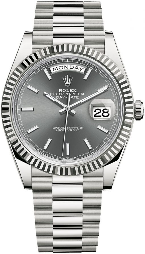 Replica horloge Rolex Day-Date 04 (40mm) Rhodium Leigrijze wijzerplaat 228239 (President band)-Automatic-Top kwaliteit!