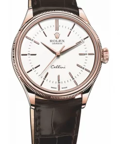 Replica horloge Rolex Cellini 01 (39mm) 50505 van 18K everose goud-Bruine leren band-Automatic-Top kwaliteit!