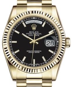 Replica horloge Rolex Day-Date 21 (36mm) 118238 Black Dial & Fluted Bezel Yellow gold President-Automatic