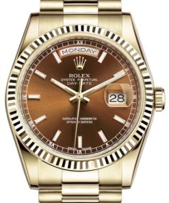 Replica horloge Rolex Day-Date 22 (36mm) Rolex Day-Date 22 118238 Yellow Gold Cognac Brown Index Dial & Fluted Bezel President Bracelet