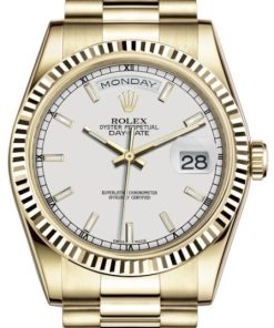 Replica horloge Rolex Day-Date 23 (36mm) Gold White Index Dial & Fluted Bezel President Bracelet 118238 – automatic