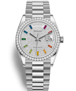 Replica horloge Rolex Day-Date 27 (36mm) 128349 Rainbow Pave Diamond Dial Bezel 18K White Gold President-Automatic- Top kwaliteit!