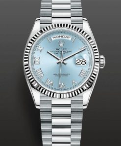 Replica horloge Rolex Day-Date 25 (36mm) 128236 Ice Blue Roman Dial Fluted Bezel Platinum President-Automatic-