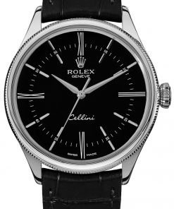 Replica horloge Rolex Cellini 05 (39mm) 50509 Zwarte Wijzerplaat (Leren band) 18K white gold Automatic -Top kwaliteit!