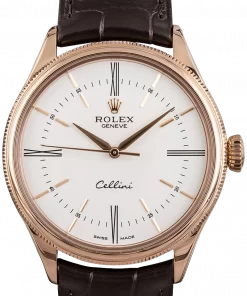 Replica horloge Rolex Cellini 08 (39mm) 50505 white dial van 18K Everose goud- leren band-Automatic-Top kwaliteit!