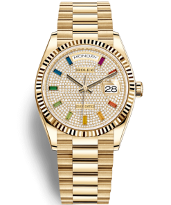 Replica horloge Rolex Day-Date 29 (36mm) 128238 Rainbow Diamond Pave Dial 18K Yellow Gold President-Automatic-Top kwaliteit!