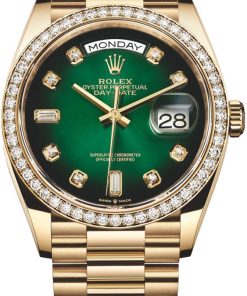 Replica horloge Rolex Day-Date 30 (36mm) Green dial 128348RBR Diamonds-Yellow gold President-Automatic-Top kwaliteit!