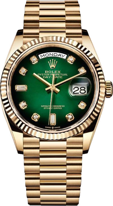 Replica horloge Rolex Day-Date 31 (36mm) Green dial 128238 Diamonds Diamonds-Yellow gold President-Automatic-Top kwaliteit!