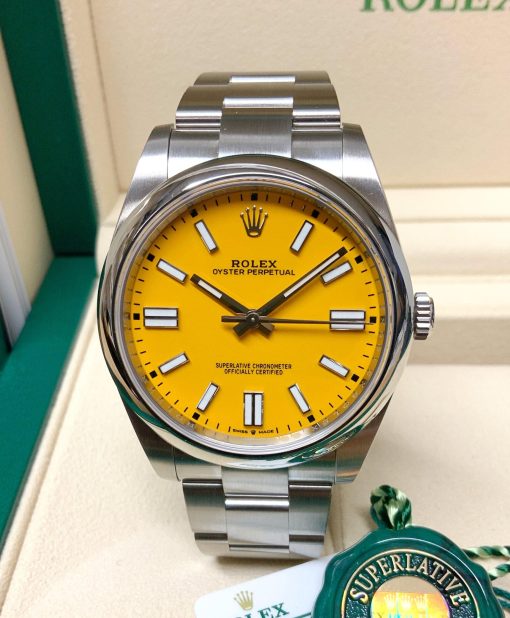 Replica horloge Rolex Oyster Perpetual 02 (41mm) 124300- (Oyster band) Yellow dial-Automatic-Top kwaliteit!