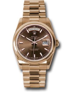 Rolex Day-Date 33 (36mm) Rolex President Day-Date in Rose Gold -Smooth Bezel on President Bracelet Chocolate Dial